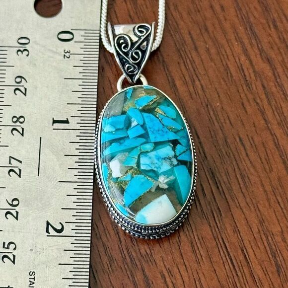 Blue Copper Turquoise Gemstone Handmade Silver Jewelry Oval Pendant Necklace - Picture 4 of 4